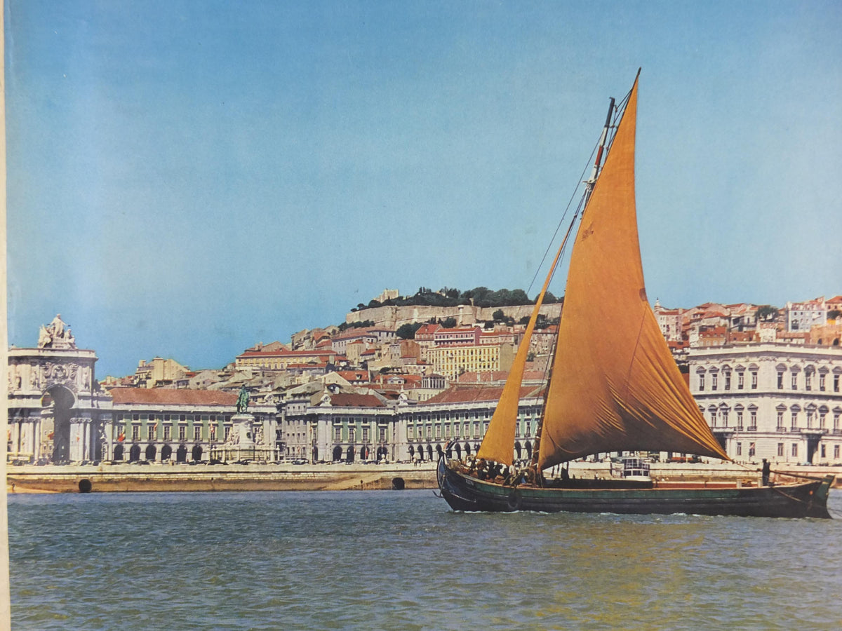 1960s Lisbon Travel Poster, Praça do Comércio, Lisboa, Portugal, Tagus River Boat, Portuguese travel wall art decor