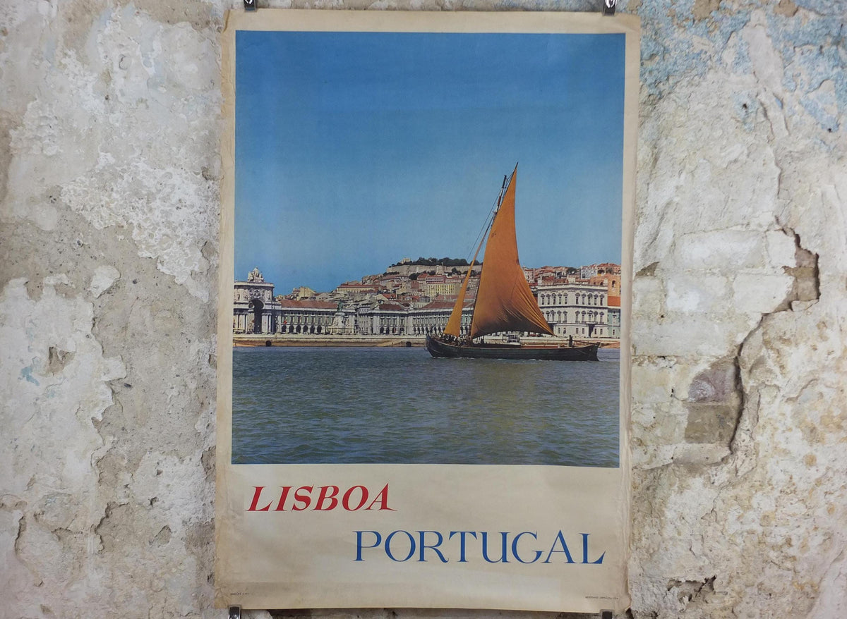 1960s Lisbon Travel Poster, Praça do Comércio, Lisboa, Portugal, Tagus River Boat, Portuguese travel wall art decor