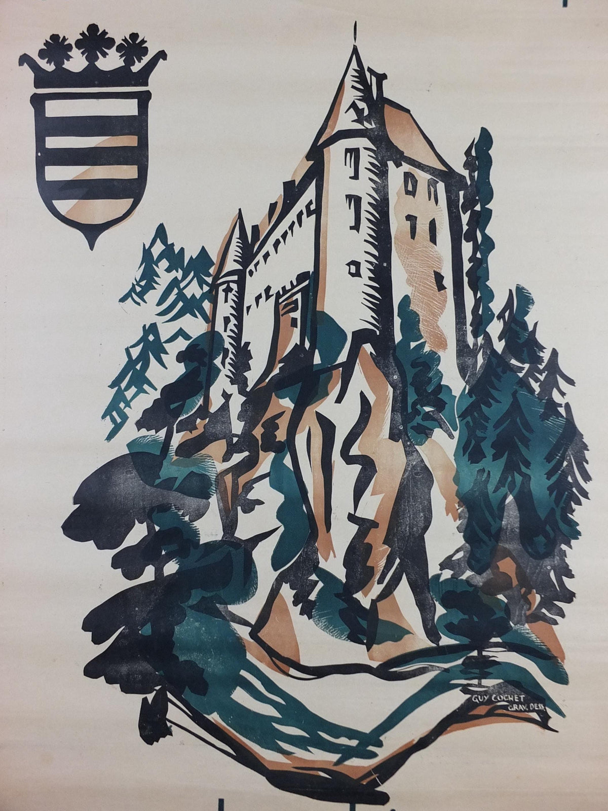 1930s Haute Loire Valley Travel Poster, Chateau de Lavoute Polignac, by Guy Cochet, French travel wall art decor