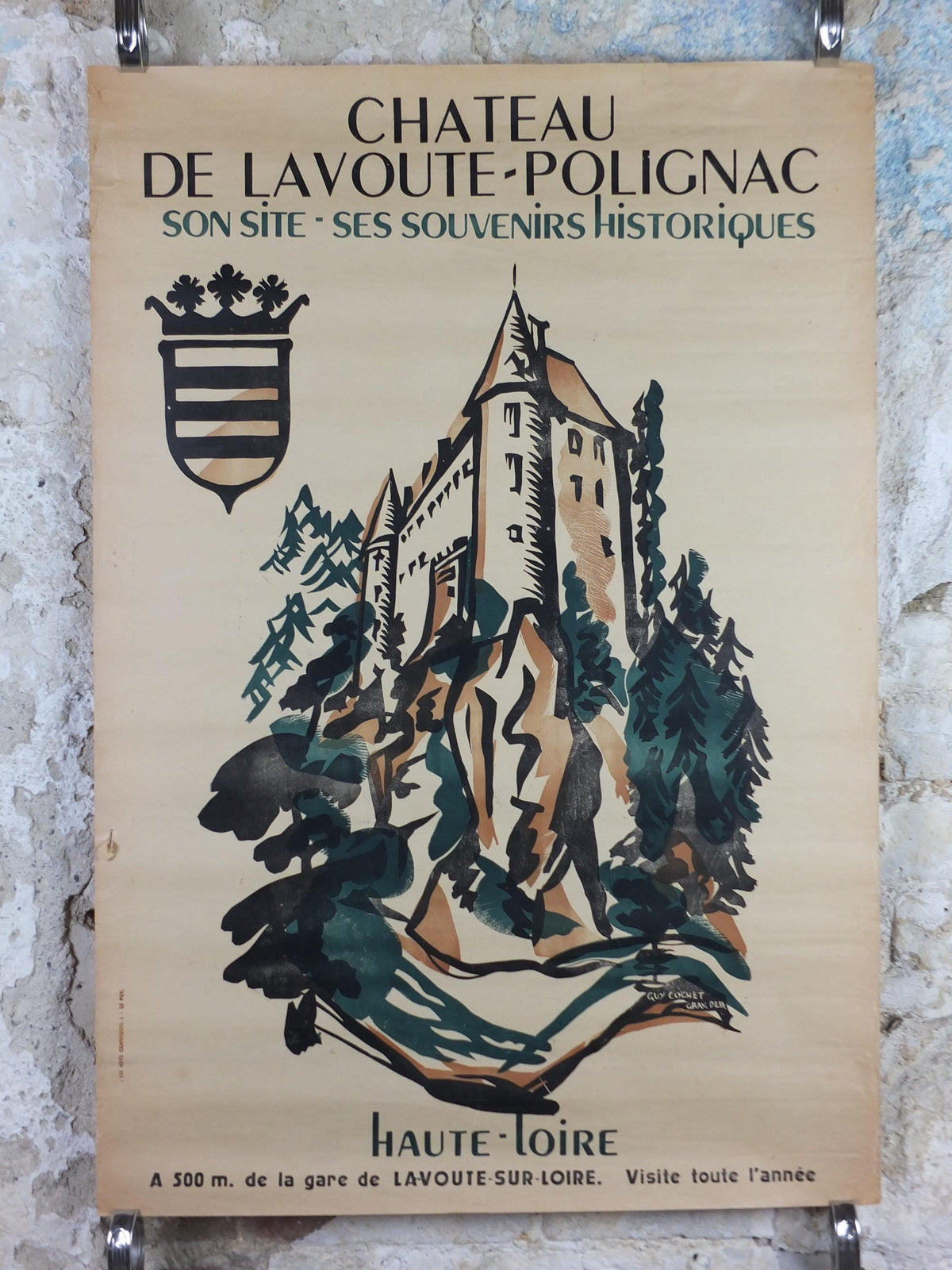 1930s Haute Loire Valley Travel Poster, Chateau de Lavoute Polignac, by Guy Cochet, French travel wall art decor