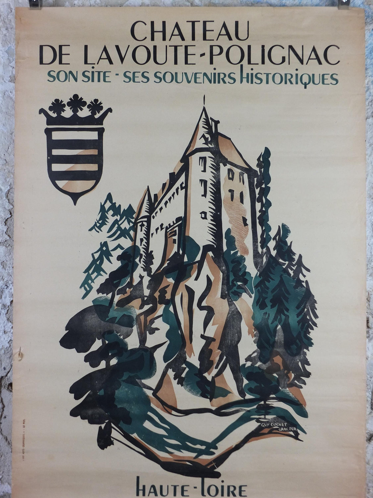1930s Haute Loire Valley Travel Poster, Chateau de Lavoute Polignac, by Guy Cochet, French travel wall art decor