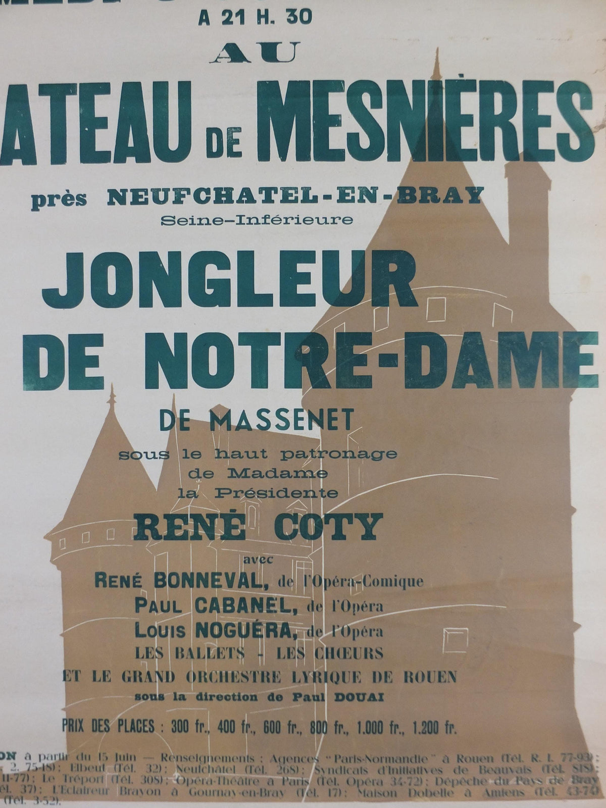 1954 Neufchatel and Pays du Bray Poster, Chateau de Mesnieres, Le Jongleur de Notre Dame, Opera, Music, Normandy French, wall art decor