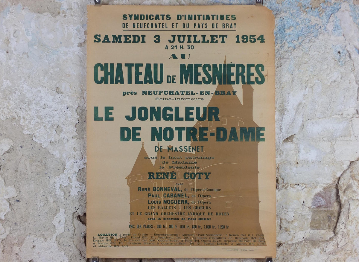 1954 Neufchatel and Pays du Bray Poster, Chateau de Mesnieres, Le Jongleur de Notre Dame, Opera, Music, Normandy French, wall art decor