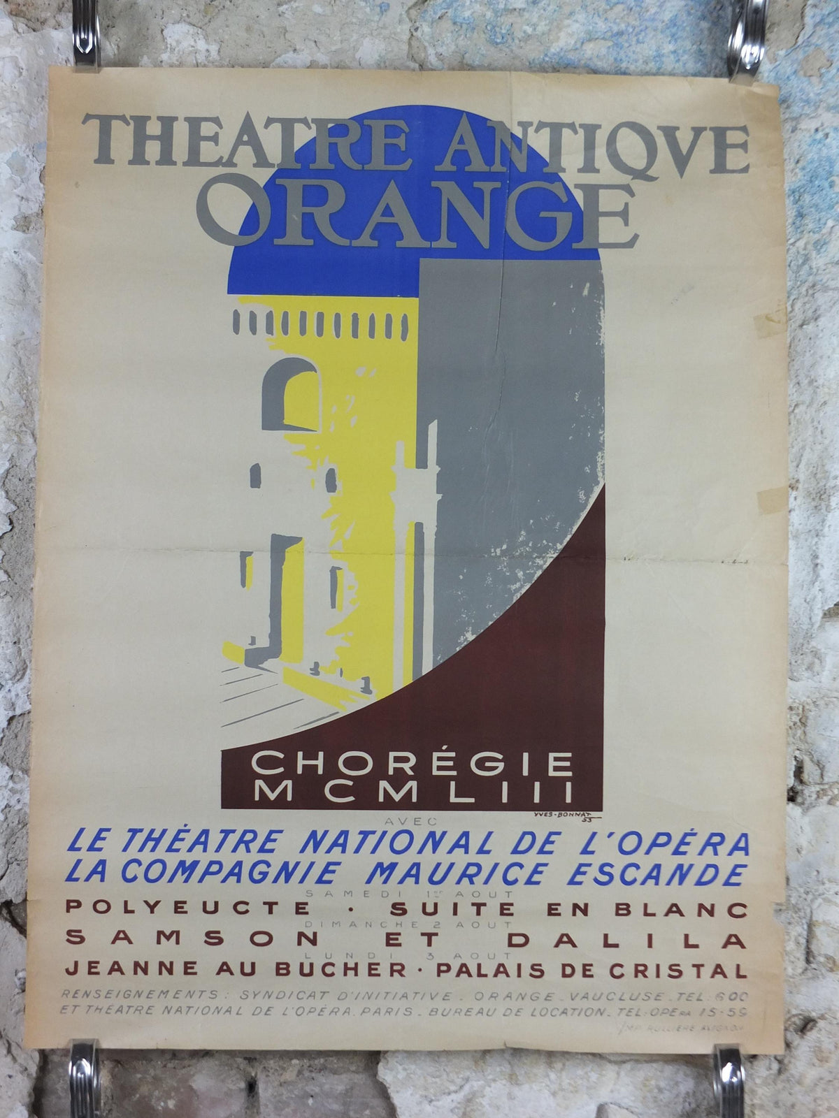 1953 Roman Theatre of Orange Poster, Theatre Antique Orange, by Yves Bonnat, Samson and Delilah, Vaucluse, France, music wall art decor