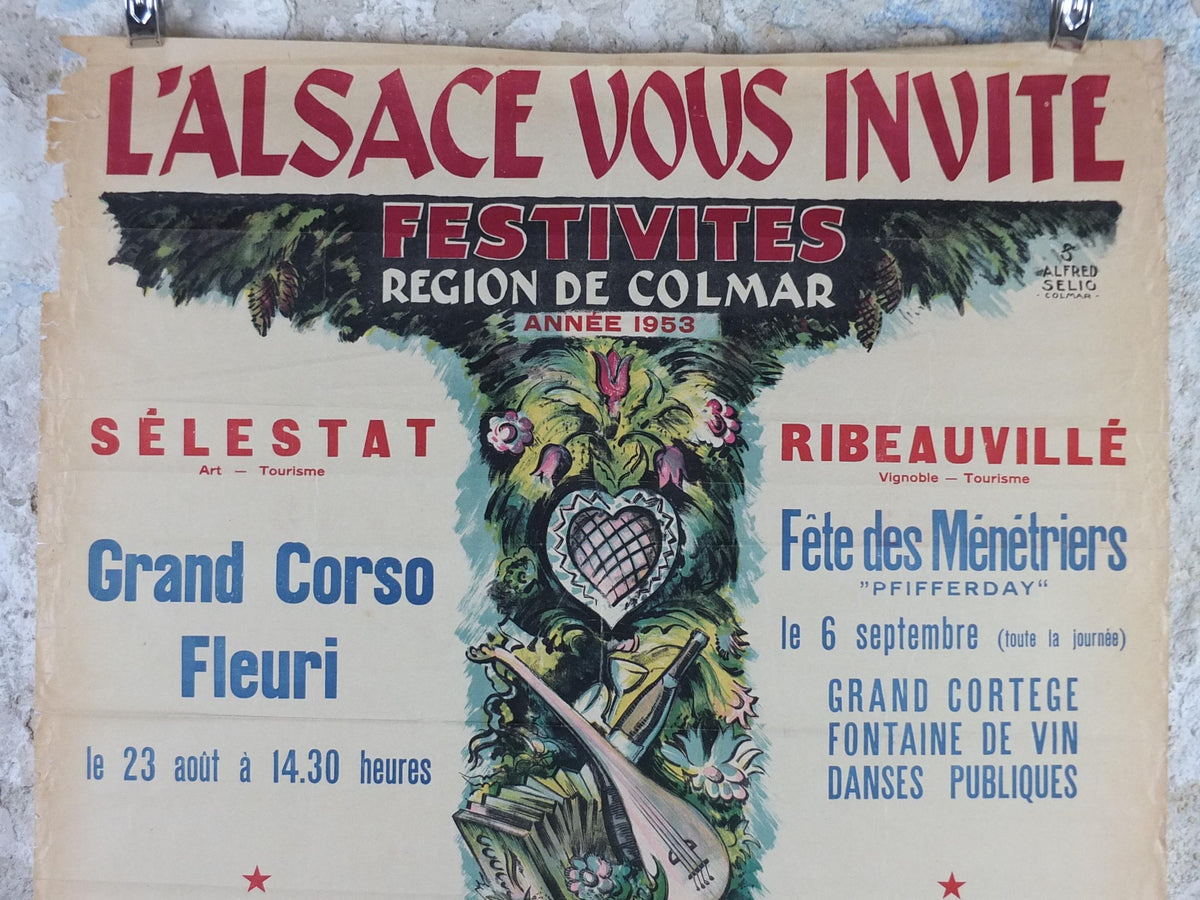 1953 Colmar Alsace Festival Poster, Vins d'Alsace Wines of Alsace Festivities in Selestat, Ribeauville, Guebwiller & Munster, wall art decor