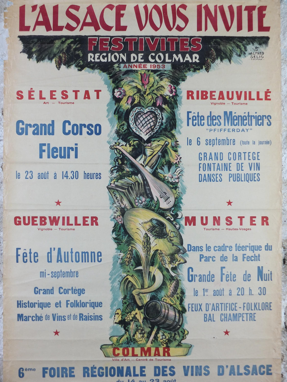1953 Colmar Alsace Festival Poster, Vins d'Alsace Wines of Alsace Festivities in Selestat, Ribeauville, Guebwiller & Munster, wall art decor
