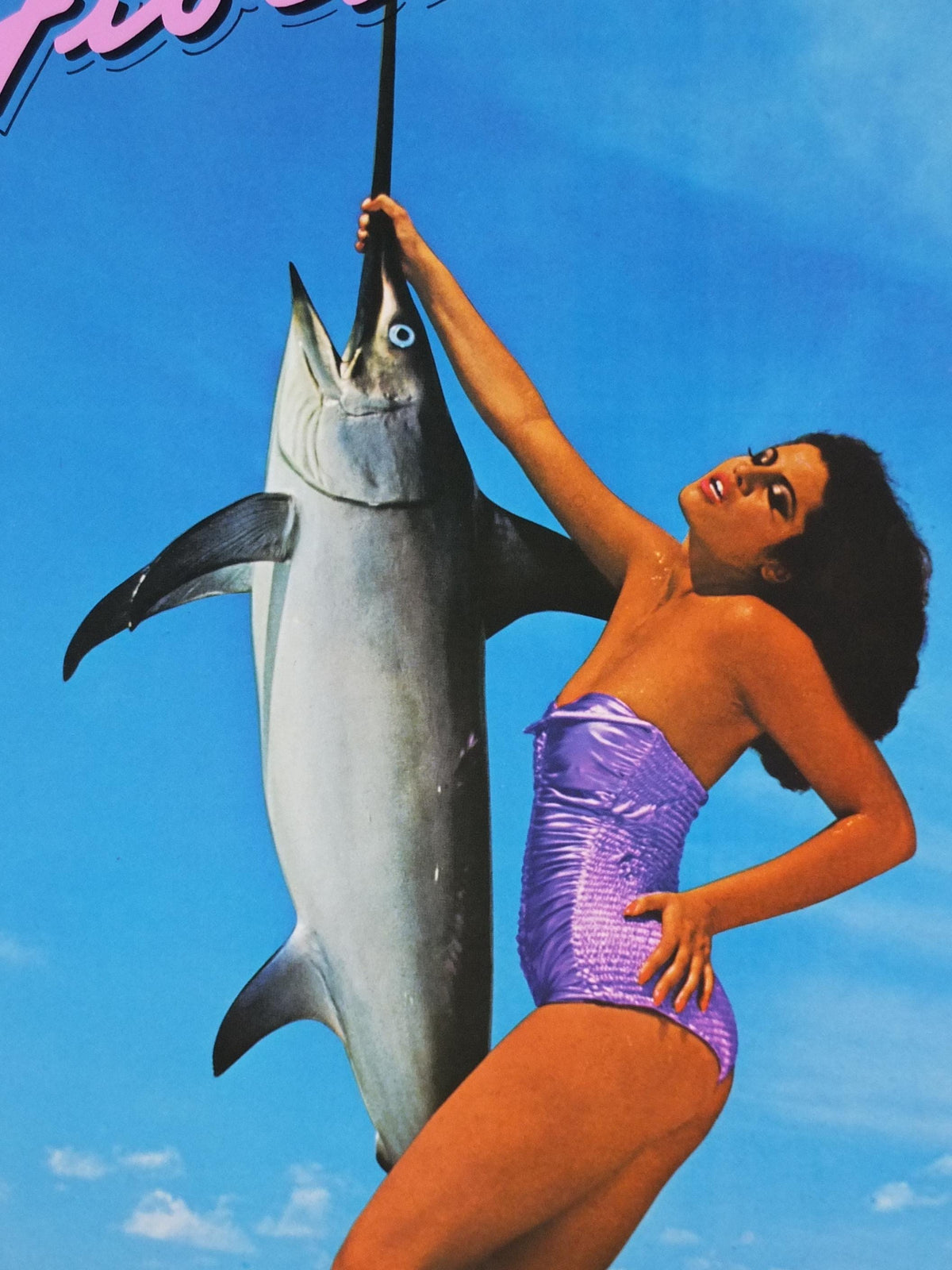 1979 Fiorucci Swordfish Poster, Italian fashion label, beautiful woman in purple swimsuit with swordfish, advertising retro wall art decor