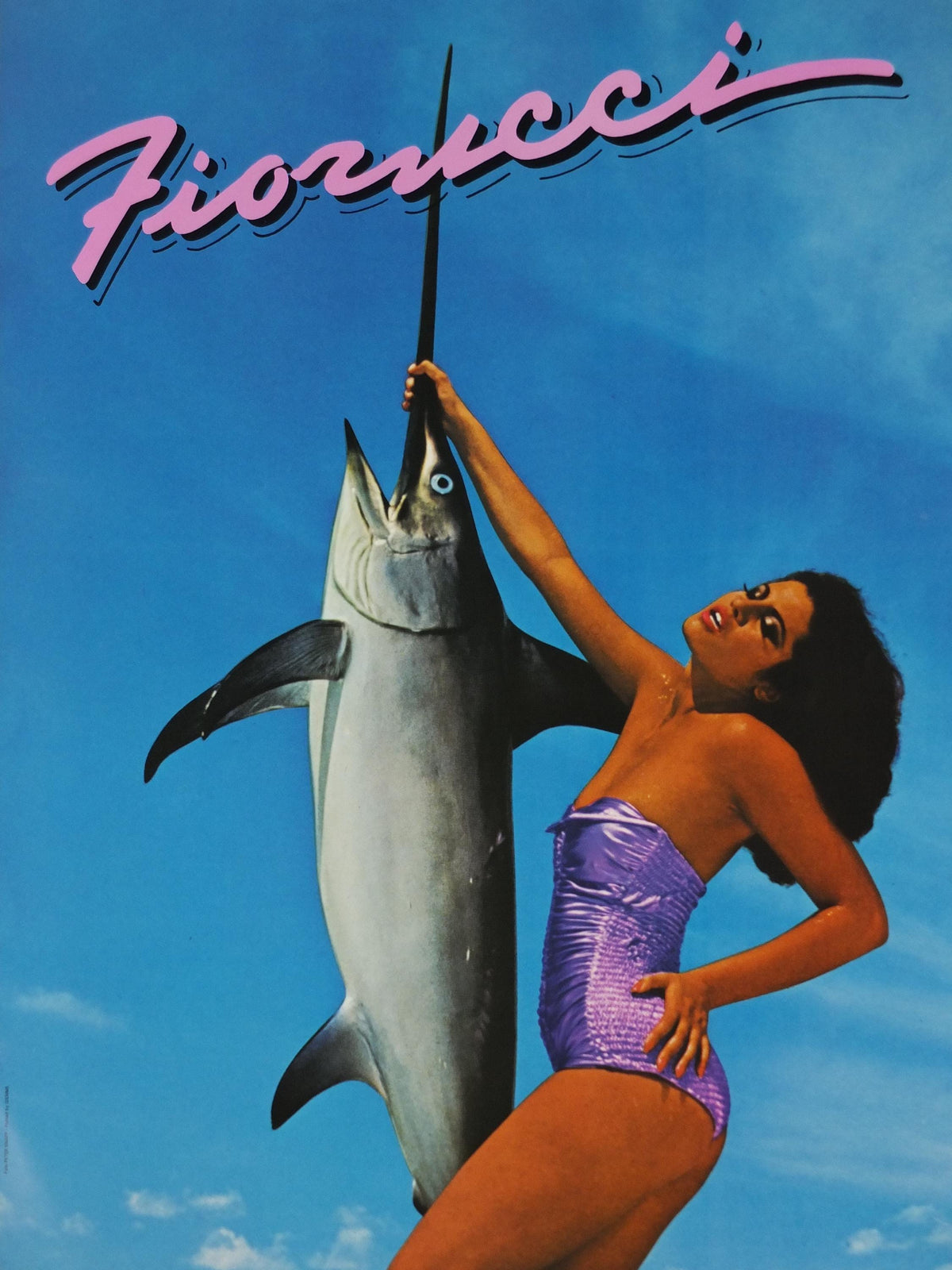 1979 Fiorucci Swordfish Poster, Italian fashion label, beautiful woman in purple swimsuit with swordfish, advertising retro wall art decor