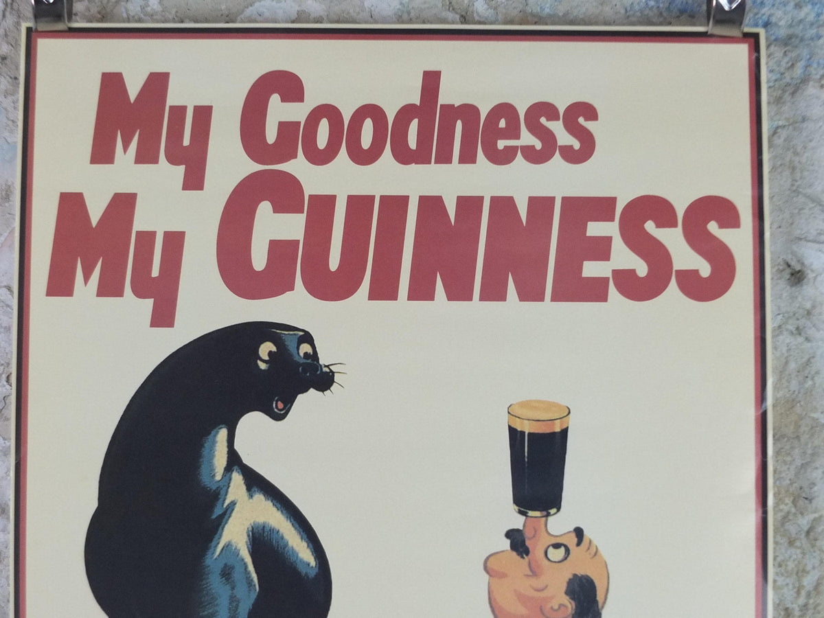 1990s My Goodness My Guinness Poster, from Guinness Museum, By Wilk 1958, seal on a ball with man balancing a pint, Wall art decor