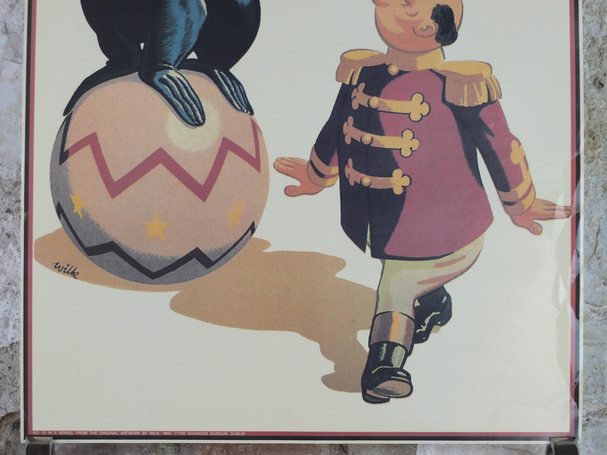 1990s My Goodness My Guinness Poster, from Guinness Museum, By Wilk 1958, seal on a ball with man balancing a pint, Wall art decor