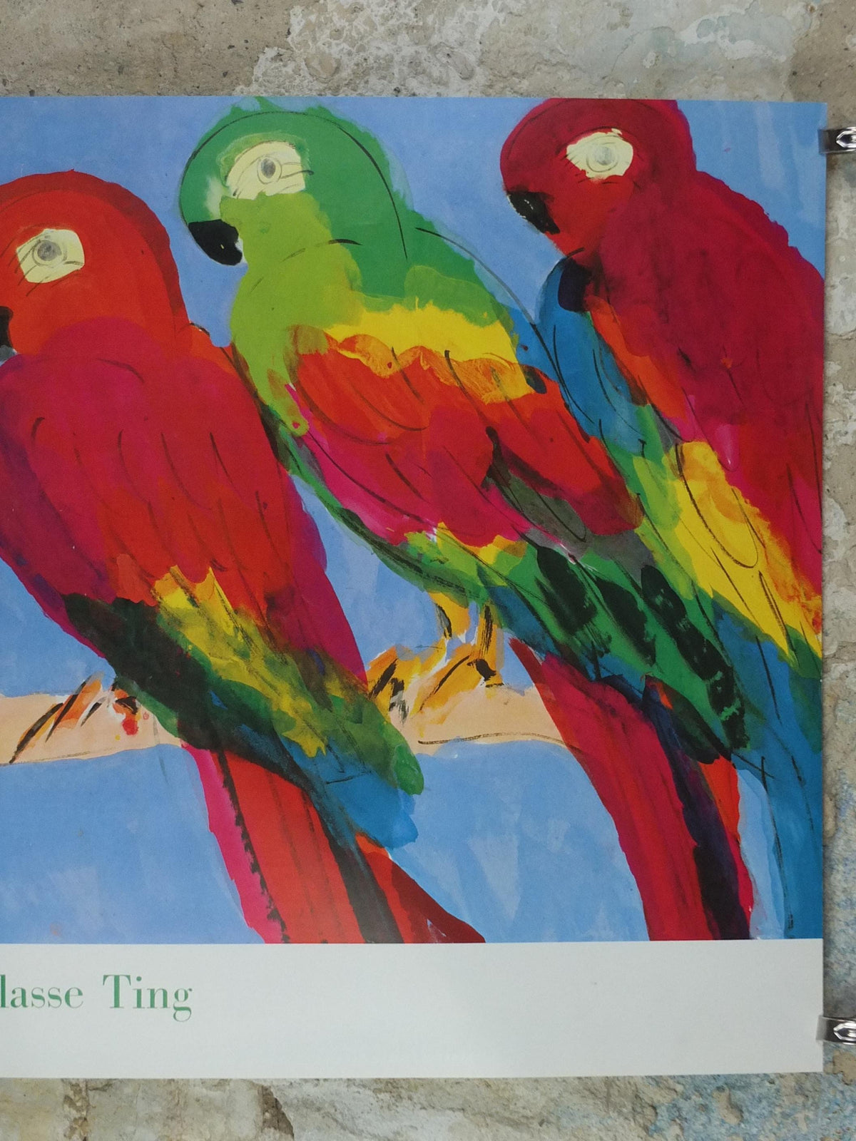 1990 Walasse Ting Poster, Parrots, colourful popular figuratism, pop art, Perroquets, gallery exhibition, wall art decor