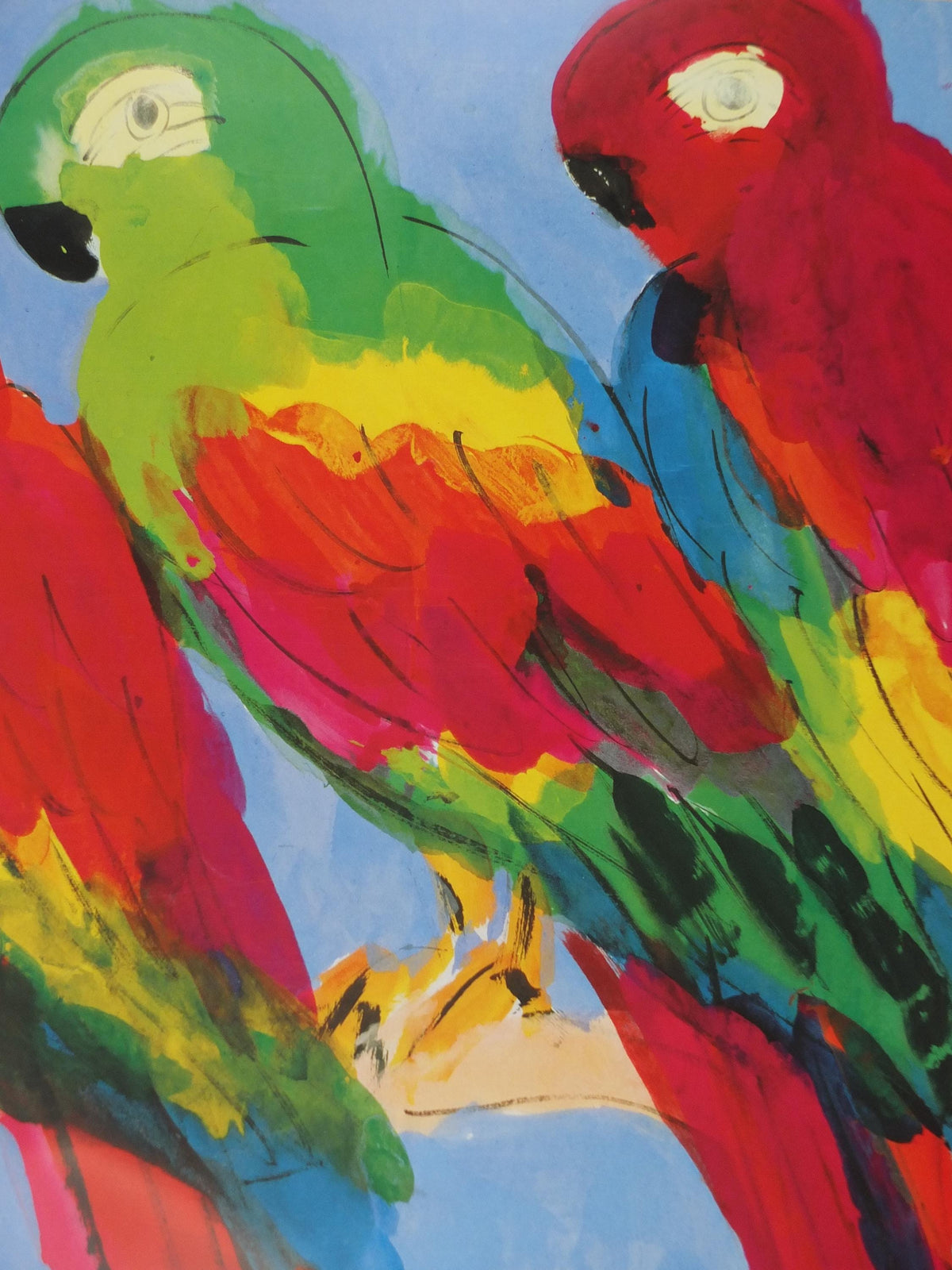 1990 Walasse Ting Poster, Parrots, colourful popular figuratism, pop art, Perroquets, gallery exhibition, wall art decor