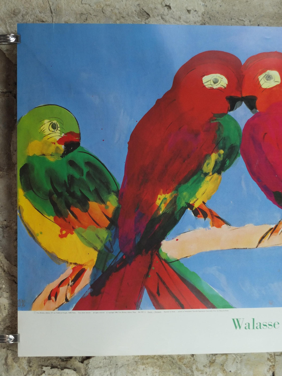 1990 Walasse Ting Poster, Parrots, colourful popular figuratism, pop art, Perroquets, gallery exhibition, wall art decor
