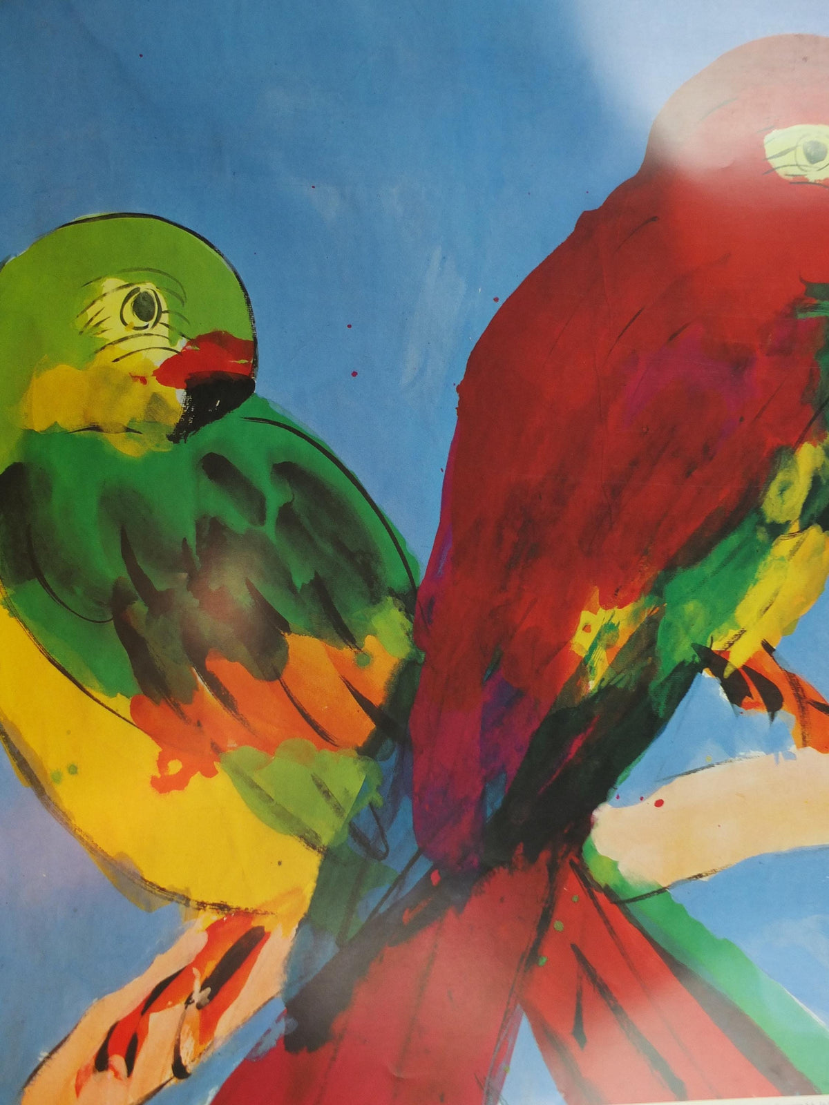 1990 Walasse Ting Poster, Parrots, colourful popular figuratism, pop art, Perroquets, gallery exhibition, wall art decor