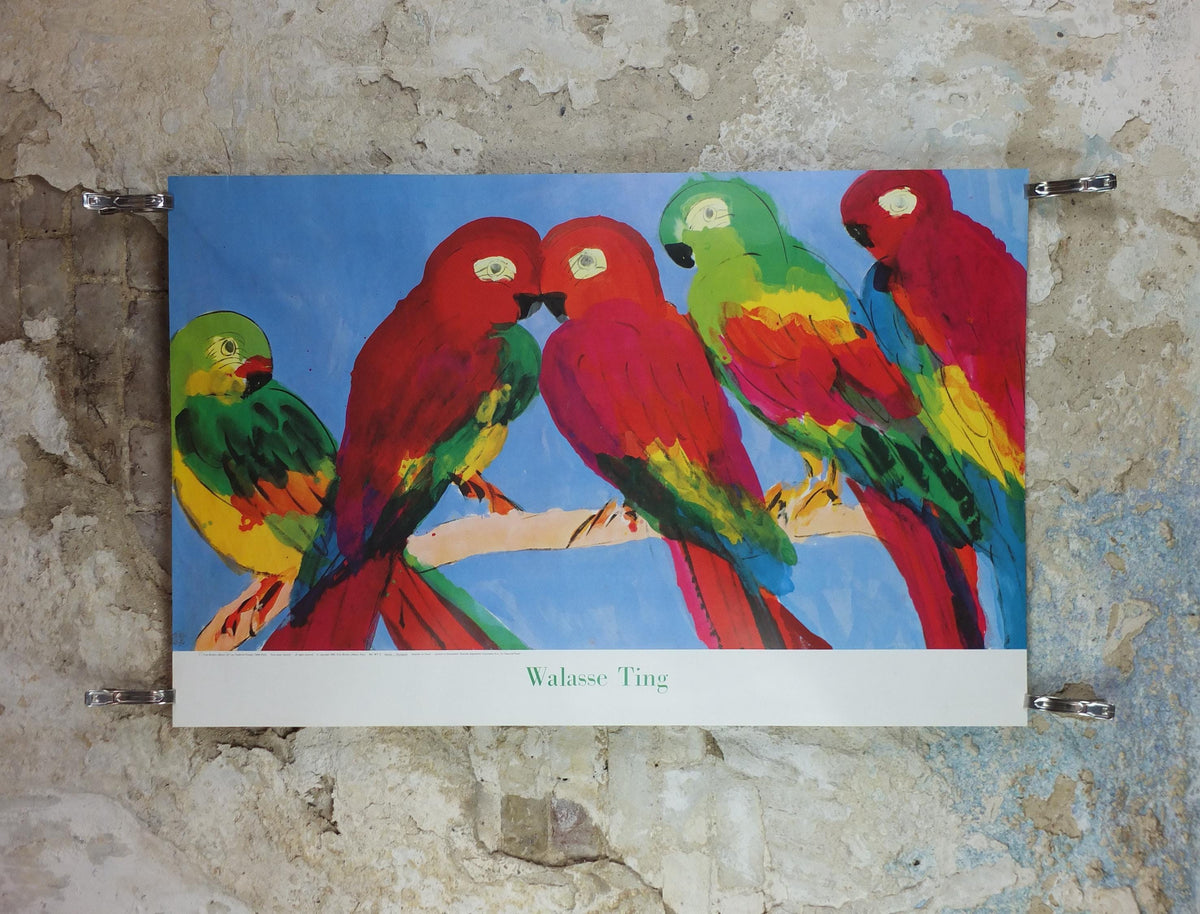 1990 Walasse Ting Poster, Parrots, colourful popular figuratism, pop art, Perroquets, gallery exhibition, wall art decor