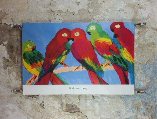 1990 Walasse Ting Poster, Parrots, colourful popular figuratism, pop art, Perroquets, gallery exhibition, wall art decor