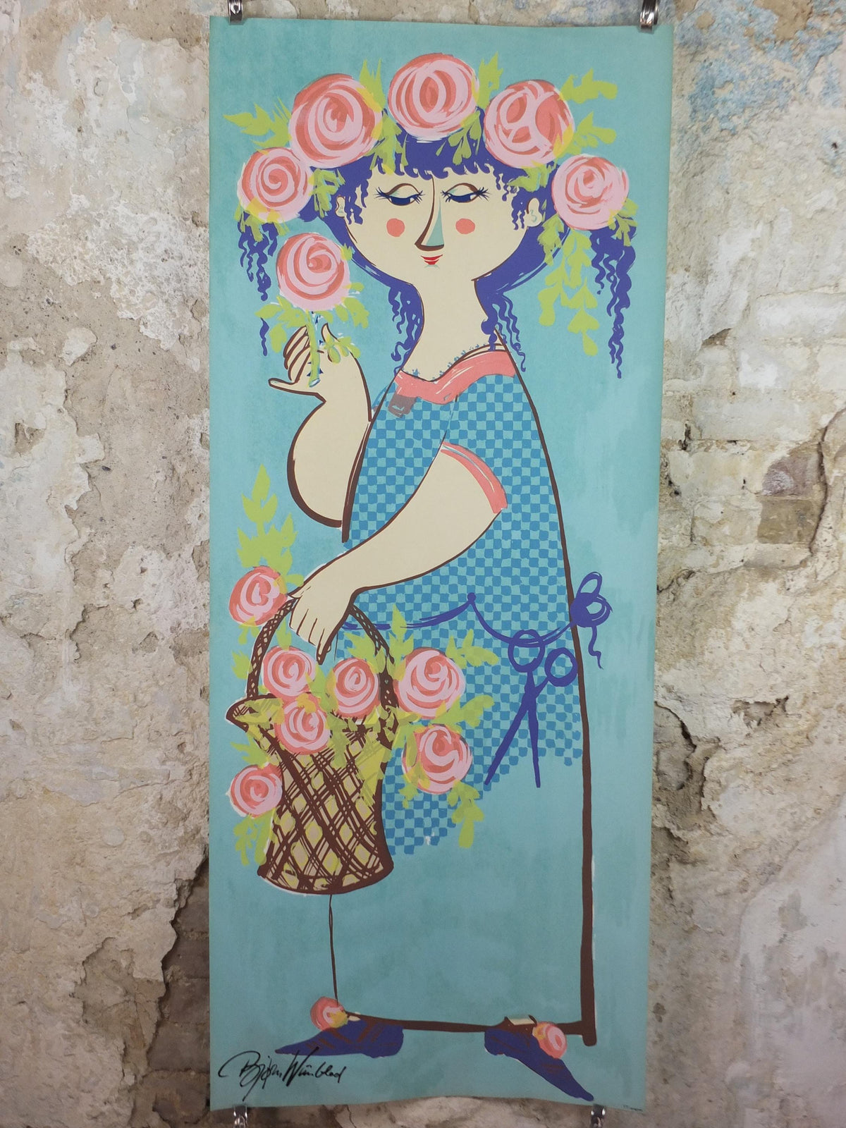 1964 Bjørn Wiinblad Poster, Flora, original screen print, woman with head garland and basket of flowers, modernist wall art decor