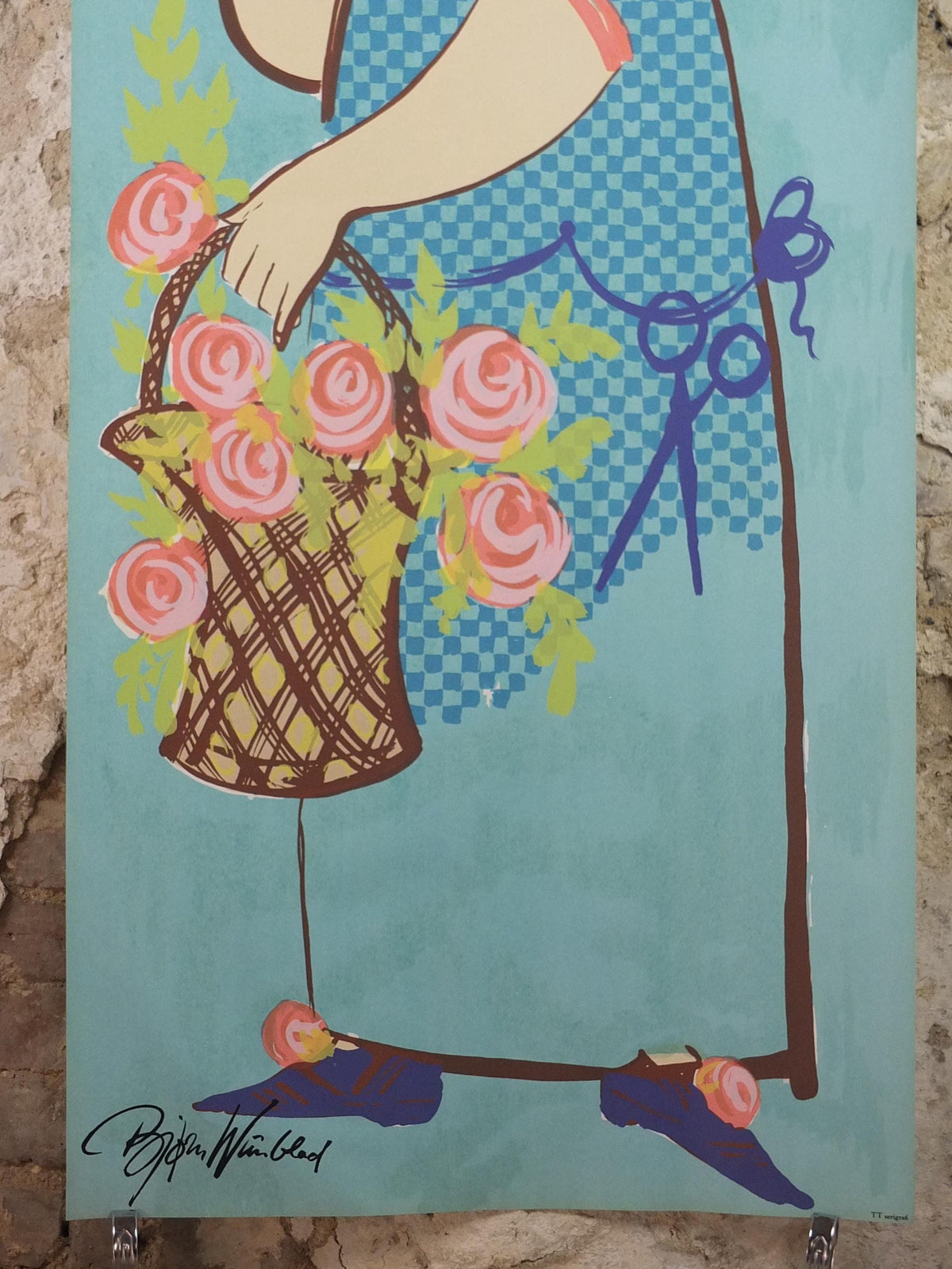 1964 Bjørn Wiinblad Poster, Flora, original screen print, woman with head garland and basket of flowers, modernist wall art decor