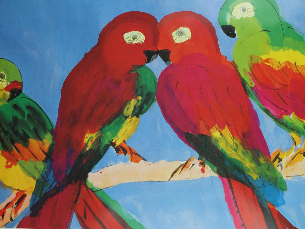 1990 Walasse Ting Poster, Parrots, colourful popular figuratism, pop art, Perroquets, gallery exhibition, wall art decor