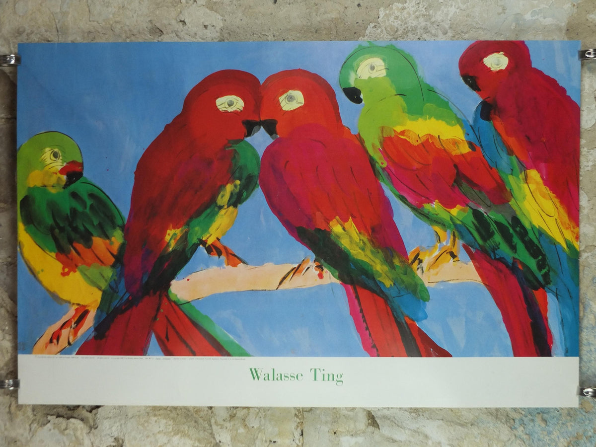1990 Walasse Ting Poster, Parrots, colourful popular figuratism, pop art, Perroquets, gallery exhibition, wall art decor