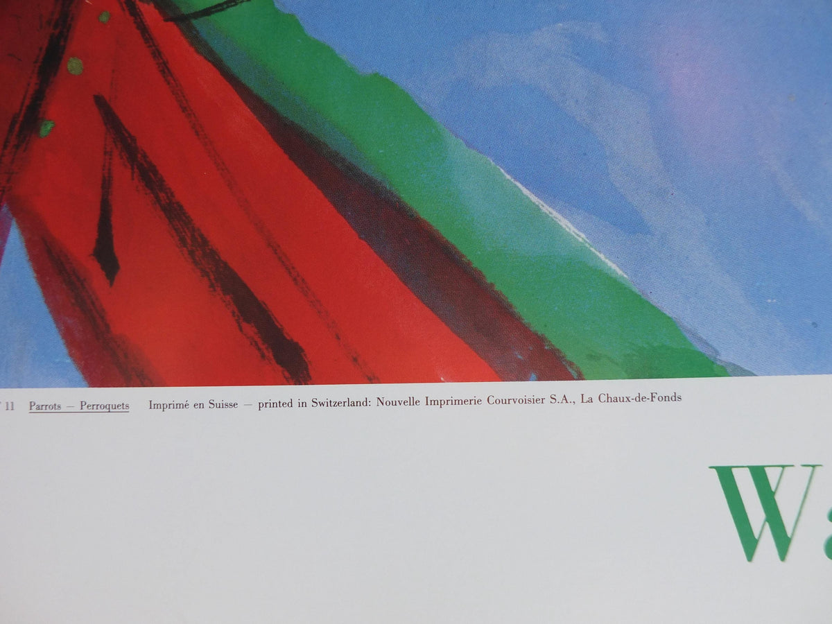 1990 Walasse Ting Poster, Parrots, colourful popular figuratism, pop art, Perroquets, gallery exhibition, wall art decor