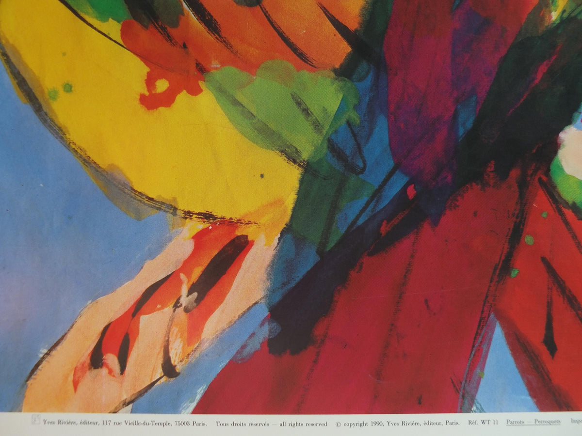1990 Walasse Ting Poster, Parrots, colourful popular figuratism, pop art, Perroquets, gallery exhibition, wall art decor