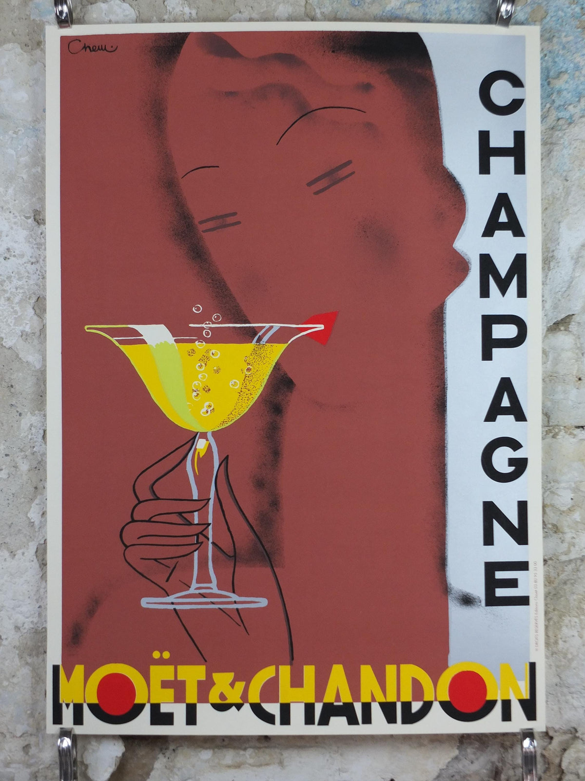 1990 Moet & Chandon Champagne Poster, Art Deco, sipping champagne, by Alexandre Chemetoff, Editions Clouet, advertising wall art decor