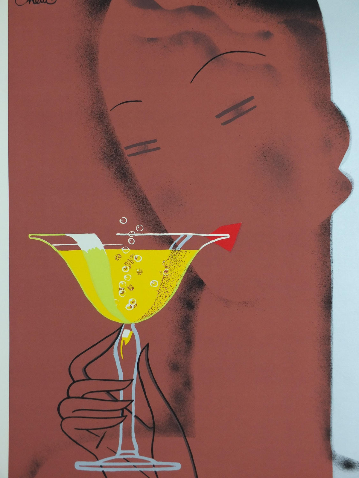 1990 Moet & Chandon Champagne Poster, Art Deco, sipping champagne, by Alexandre Chemetoff, Editions Clouet, advertising wall art decor