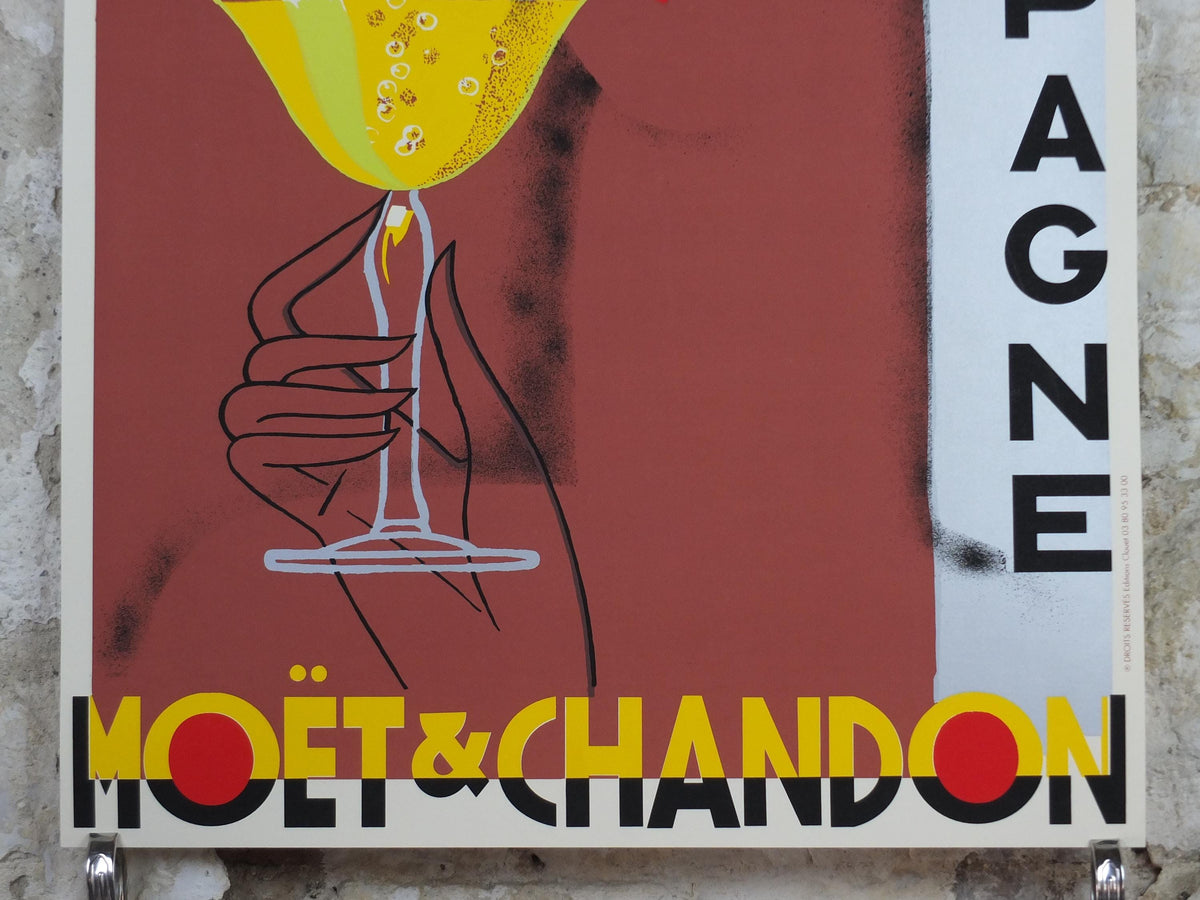 1990 Moet & Chandon Champagne Poster, Art Deco, sipping champagne, by Alexandre Chemetoff, Editions Clouet, advertising wall art decor
