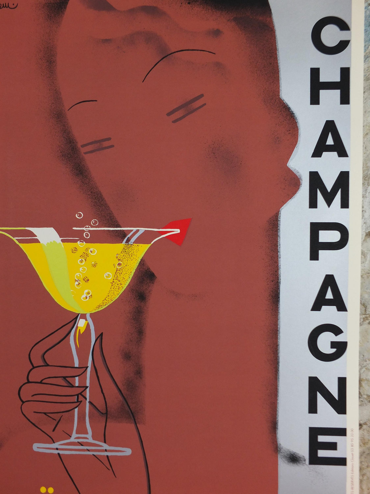 1990 Moet & Chandon Champagne Poster, Art Deco, sipping champagne, by Alexandre Chemetoff, Editions Clouet, advertising wall art decor