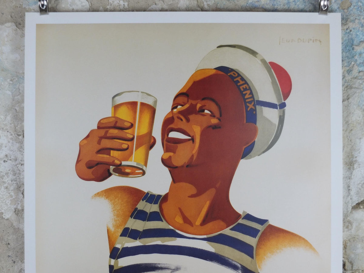 1999 Biere Phenix Poster, Art Deco, smiling sailor with a beer, by Leon Dupin in 1930, Editions Clouet, advertising wall art decor
