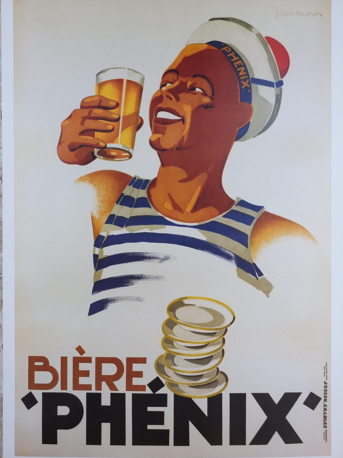 1999 Biere Phenix Poster, Art Deco, smiling sailor with a beer, by Leon Dupin in 1930, Editions Clouet, advertising wall art decor