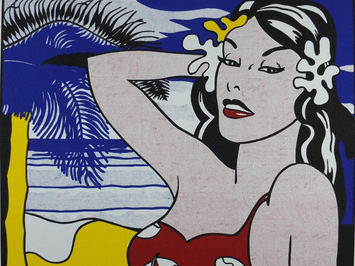 1993 Roy Lichtenstein Poster, "Aloha" 1962, Hawaiian woman on the beach, Art of the Sixties, Gallery Exhibition wall art decor