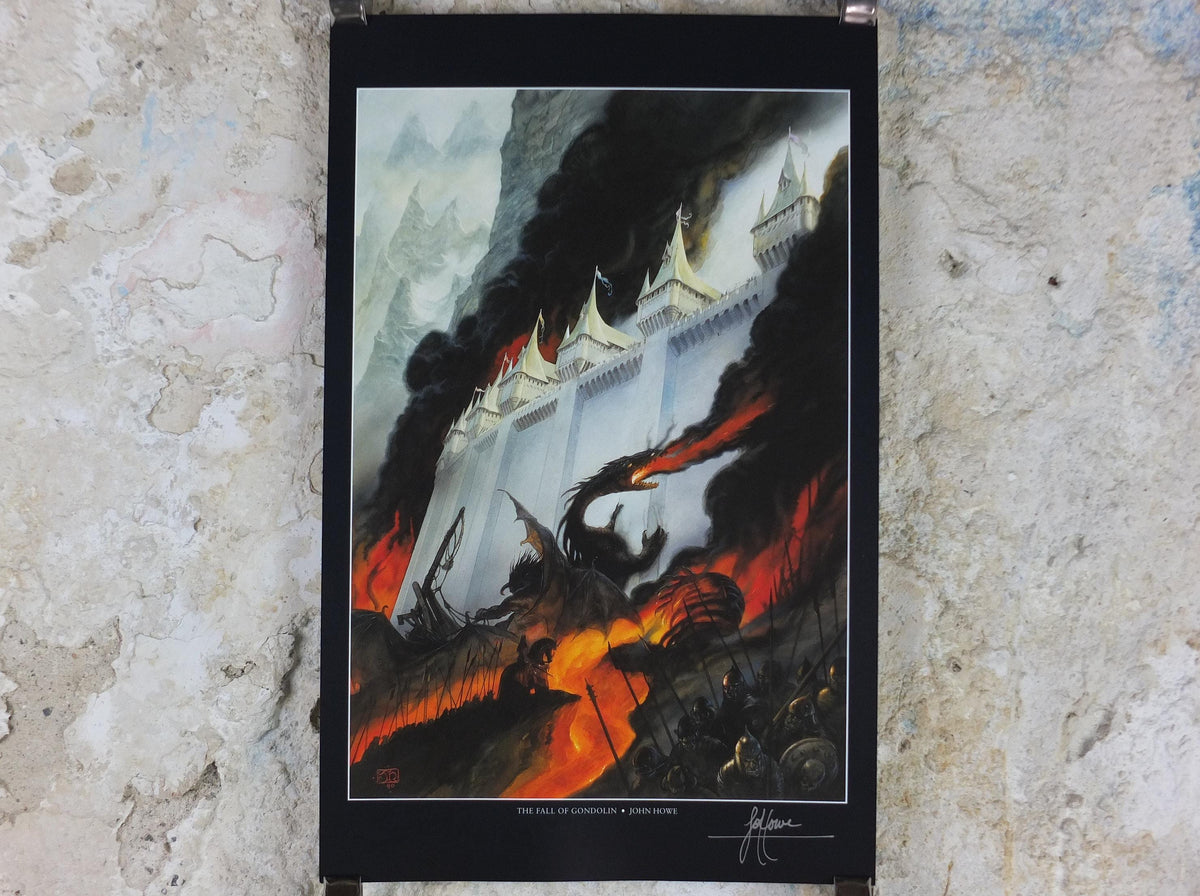 Hand signed John Howe The Fall of Gondolin Poster, 1999 Tolkien Silmarillion, Middle Earth pre Lord of the Rings, print wall art decor
