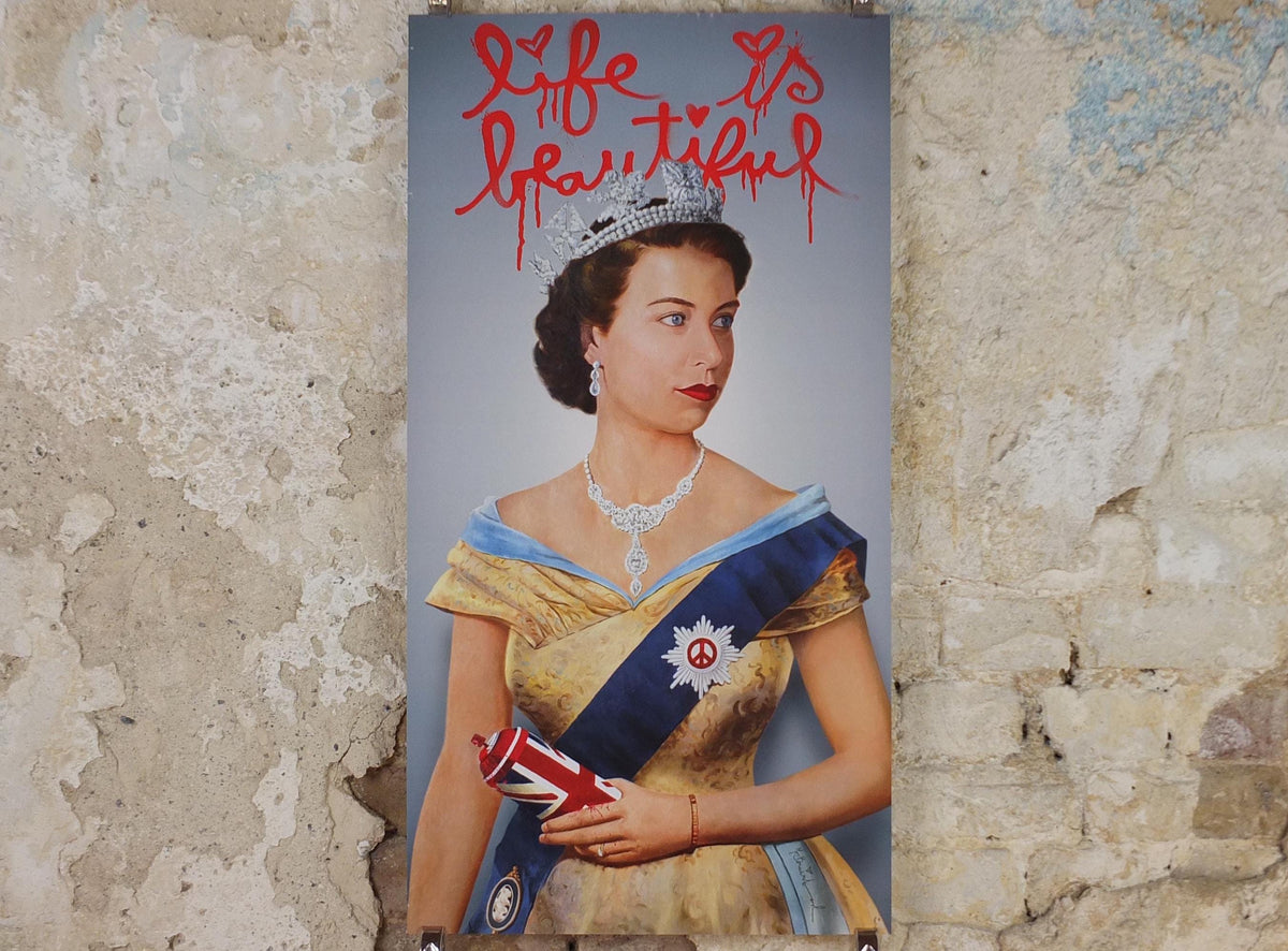 2012 Mr Brainwash Poster, Queen Elizabeth II with union flag spray can, Life is Beautiful, Pop Art exhibition, wall art decor