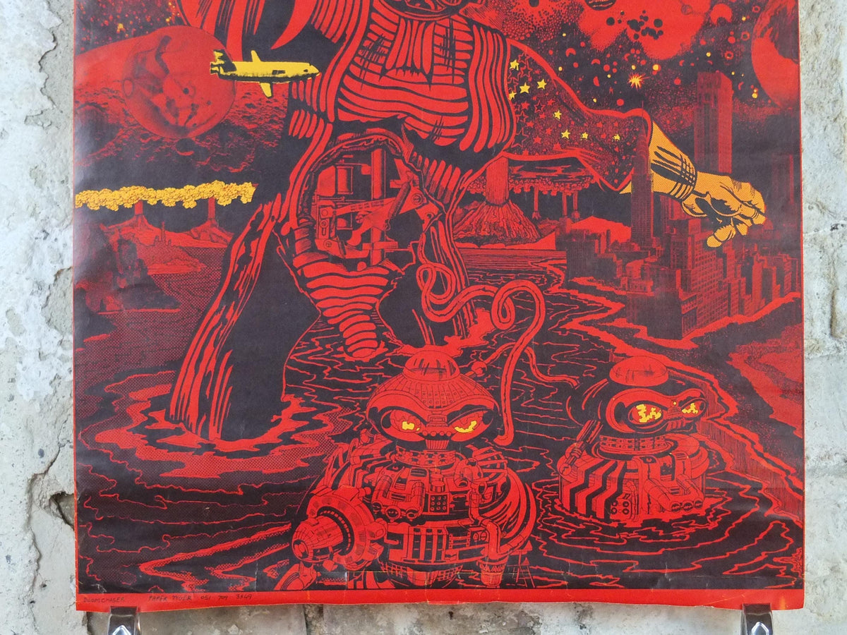 1970s Science Fiction Poster, Doomchaser, aliens, robots and UFOs in red, From Paper Tiger, fantasy and scifi wall art decor