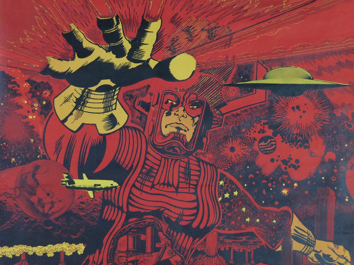 1970s Science Fiction Poster, Doomchaser, aliens, robots and UFOs in red, From Paper Tiger, fantasy and scifi wall art decor