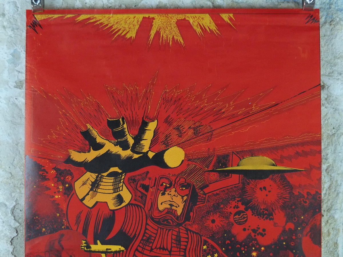 1970s Science Fiction Poster, Doomchaser, aliens, robots and UFOs in red, From Paper Tiger, fantasy and scifi wall art decor