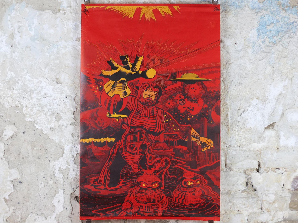 1970s Science Fiction Poster, Doomchaser, aliens, robots and UFOs in red, From Paper Tiger, fantasy and scifi wall art decor