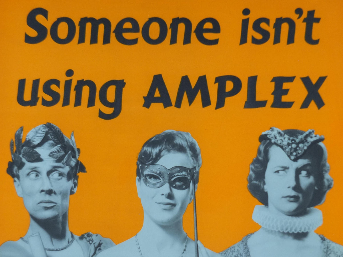 London Underground Tube Poster, Masquerade, Someone isn't using Amplex, deodorant advertising, wall art retro 1970s decor
