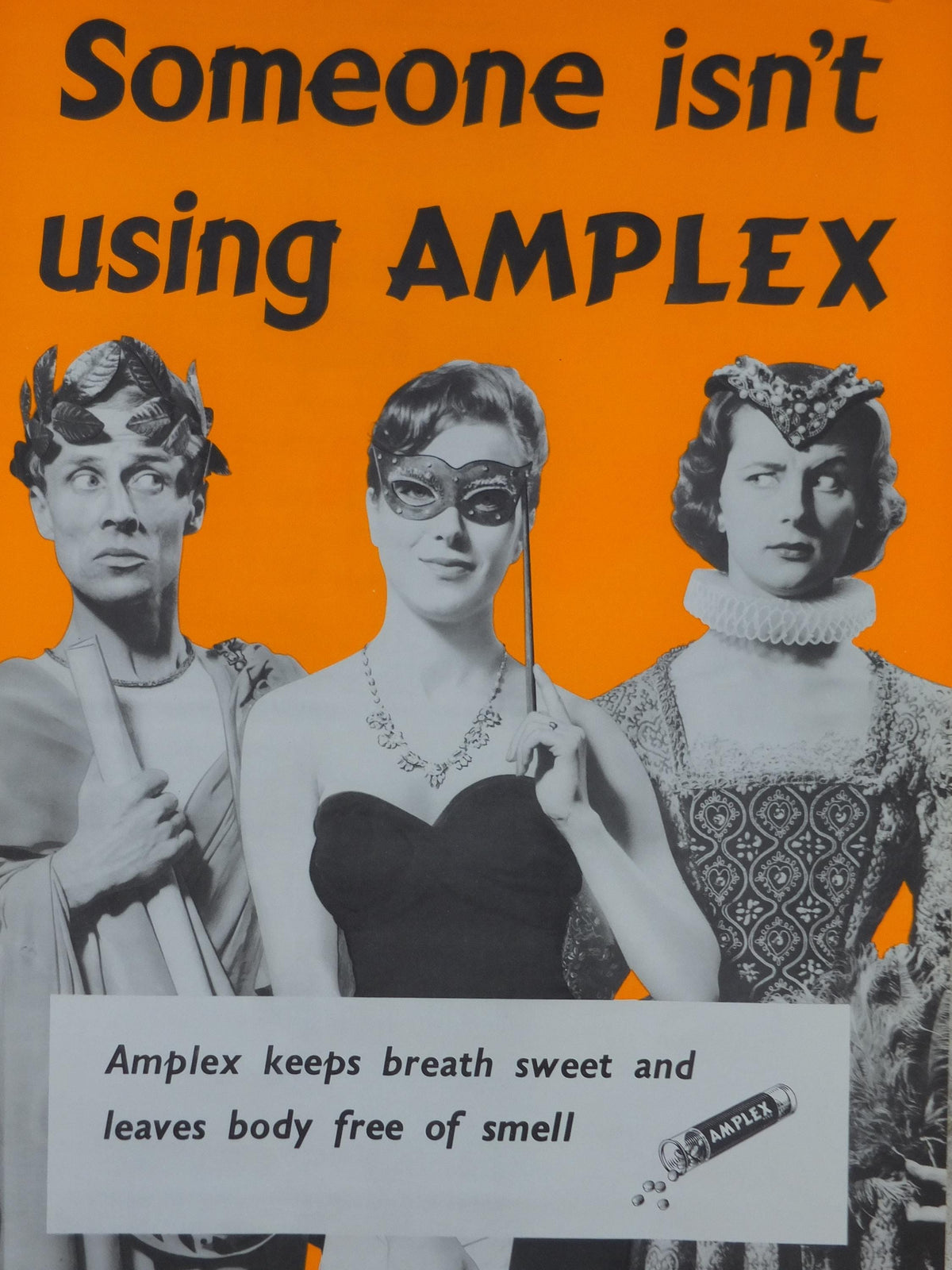 London Underground Tube Poster, Masquerade, Someone isn't using Amplex, deodorant advertising, wall art retro 1970s decor