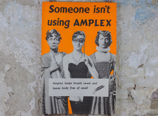 London Underground Tube Poster, Masquerade, Someone isn't using Amplex, deodorant advertising, wall art retro 1970s decor