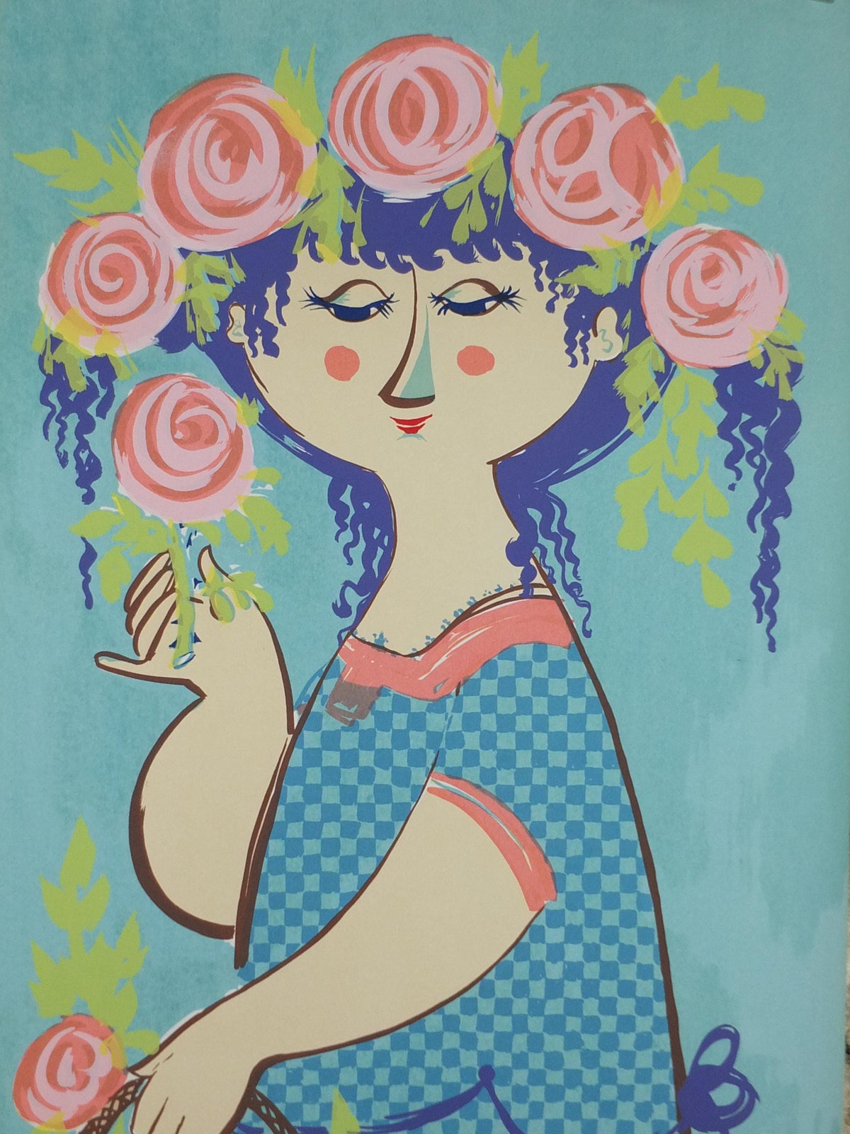 1964 Bjørn Wiinblad Poster, Flora, original screen print, woman with head garland and basket of flowers, modernist wall art decor