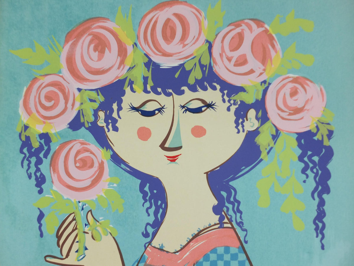 1964 Bjørn Wiinblad Poster, Flora, original screen print, woman with head garland and basket of flowers, modernist wall art decor