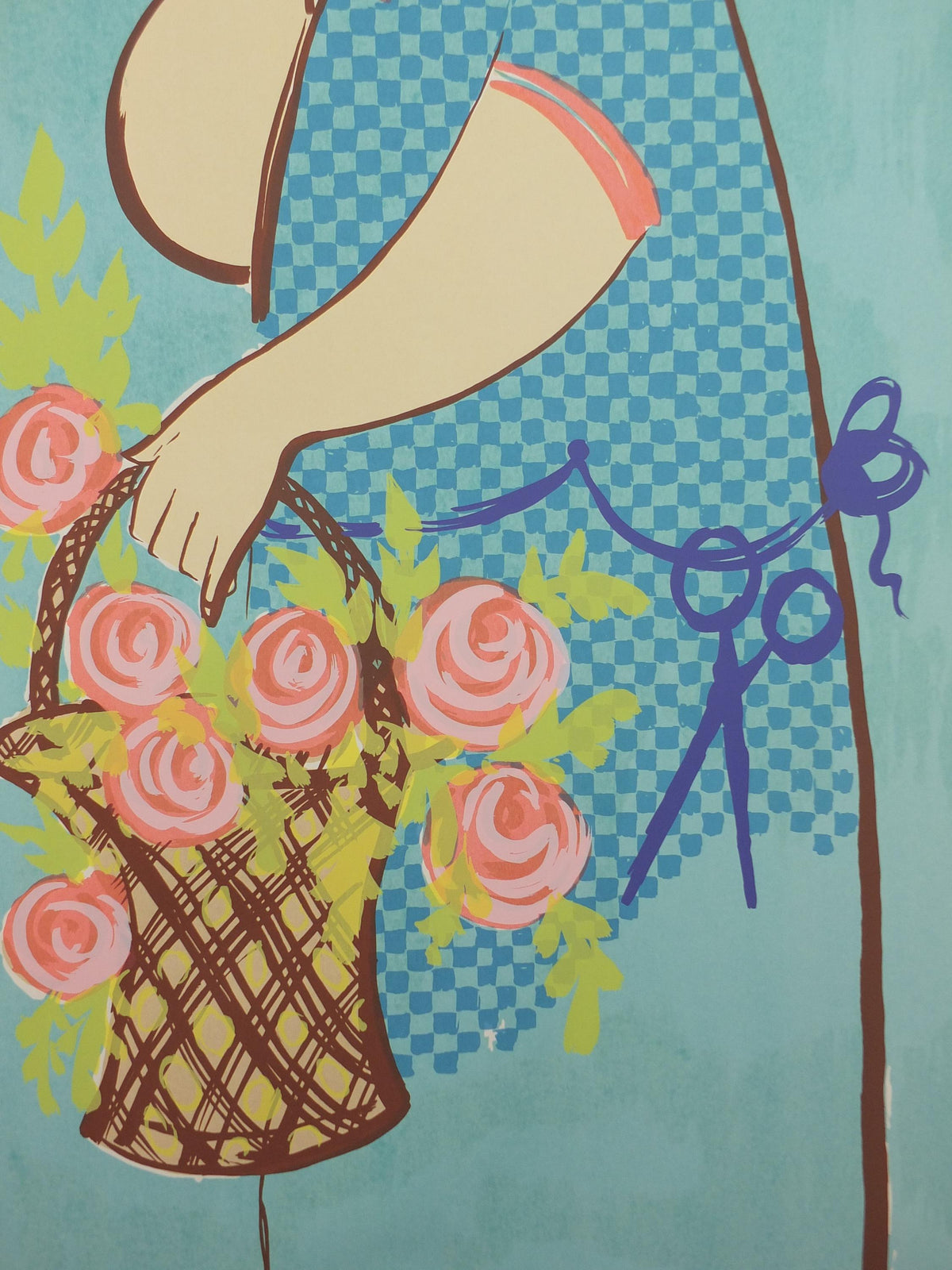 1964 Bjørn Wiinblad Poster, Flora, original screen print, woman with head garland and basket of flowers, modernist wall art decor
