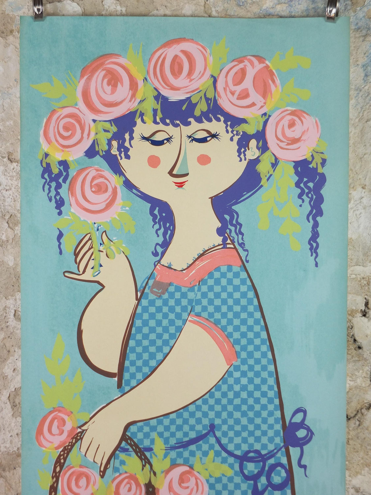 1964 Bjørn Wiinblad Poster, Flora, original screen print, woman with head garland and basket of flowers, modernist wall art decor