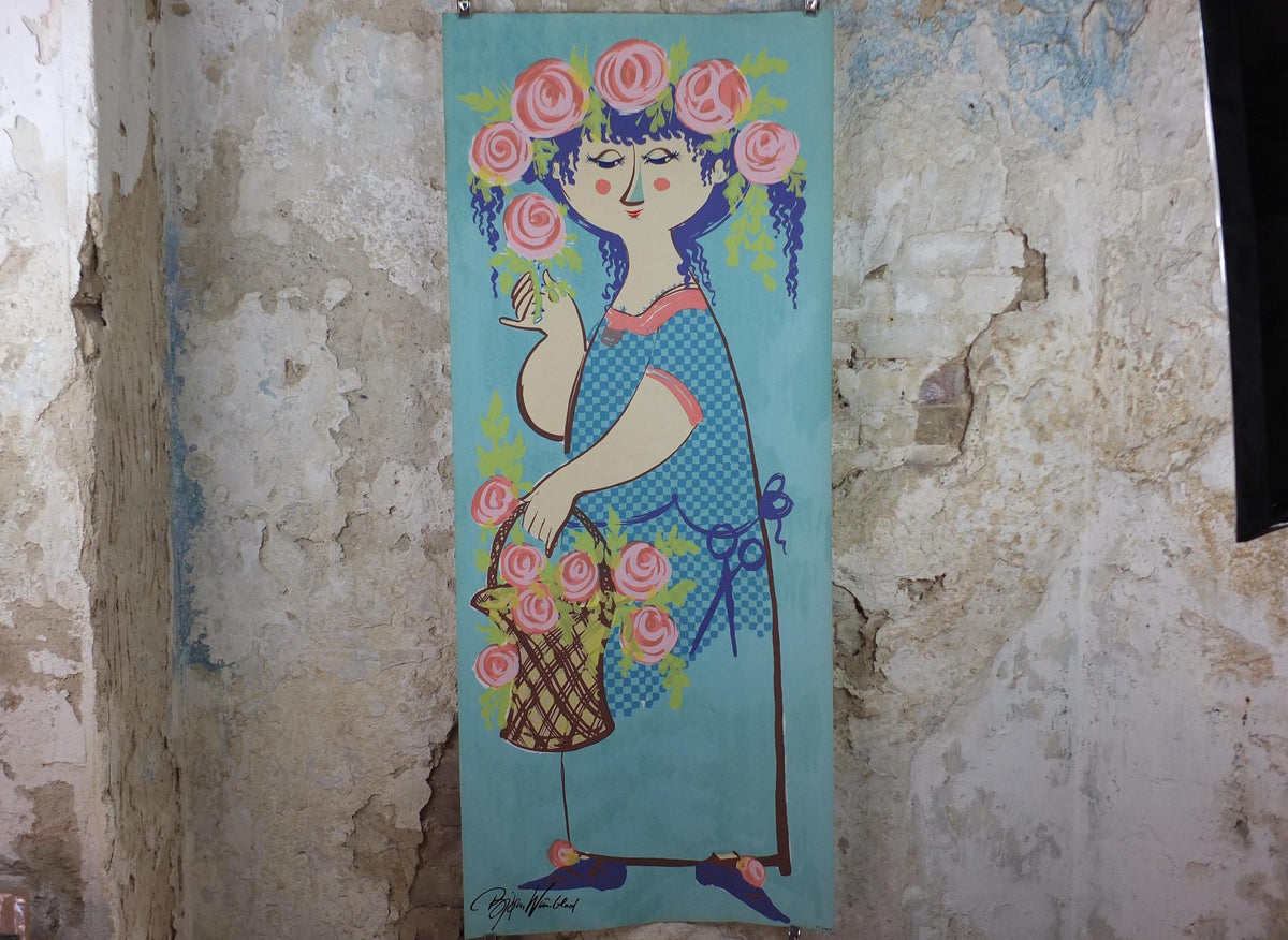 1964 Bjørn Wiinblad Poster, Flora, original screen print, woman with head garland and basket of flowers, modernist wall art decor