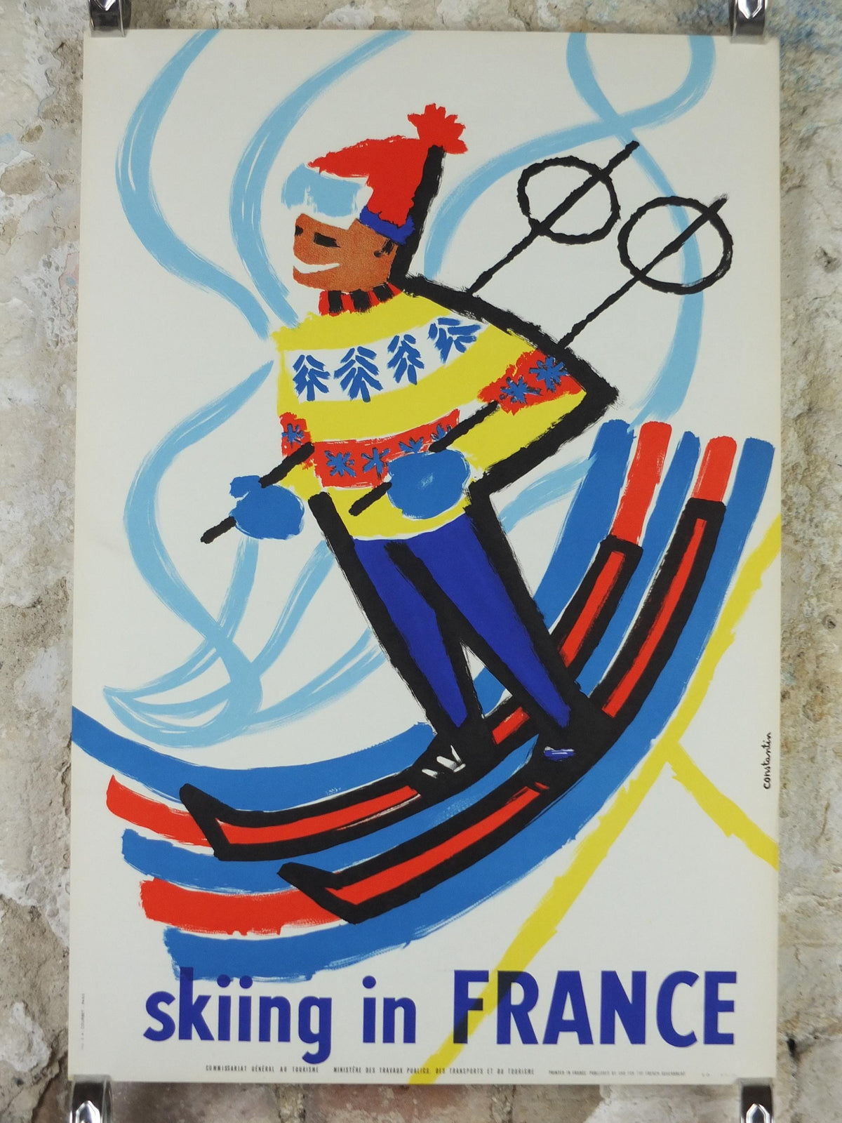 1959 Skiing in France Poster, Skier glides down a powdery white mountain, by Constantin, travel wall art decor