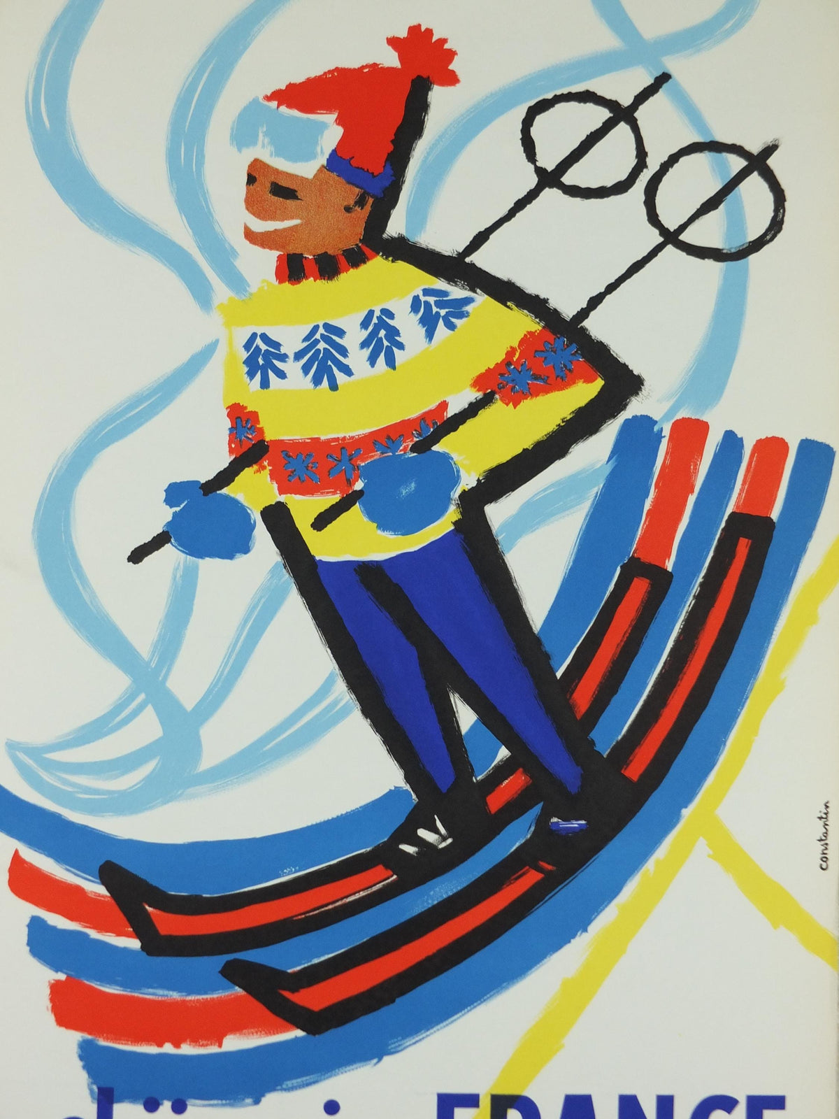 1959 Skiing in France Poster, Skier glides down a powdery white mountain, by Constantin, travel wall art decor
