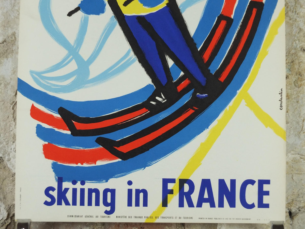 1959 Skiing in France Poster, Skier glides down a powdery white mountain, by Constantin, travel wall art decor